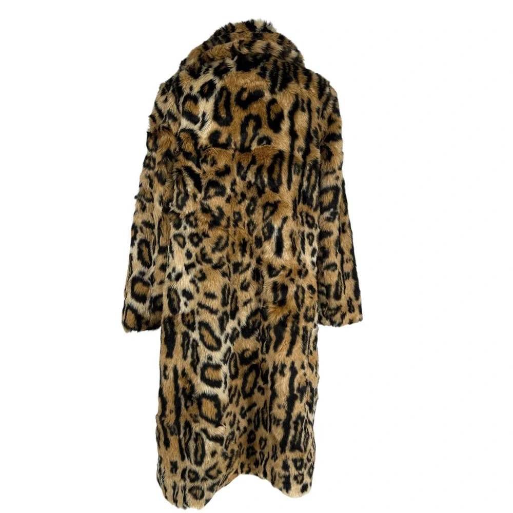 Leopard Print Faux Fur Longline Coat Womens Notched Collar Tan Black Animal